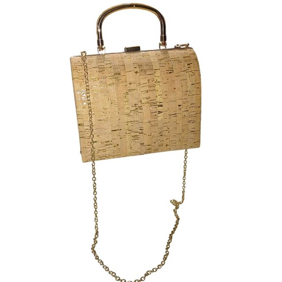 Crossbody Cork Gold Tone Hard Shell Handbag Purse Bag Case Chain Metal Handle - Picture 2 of 12